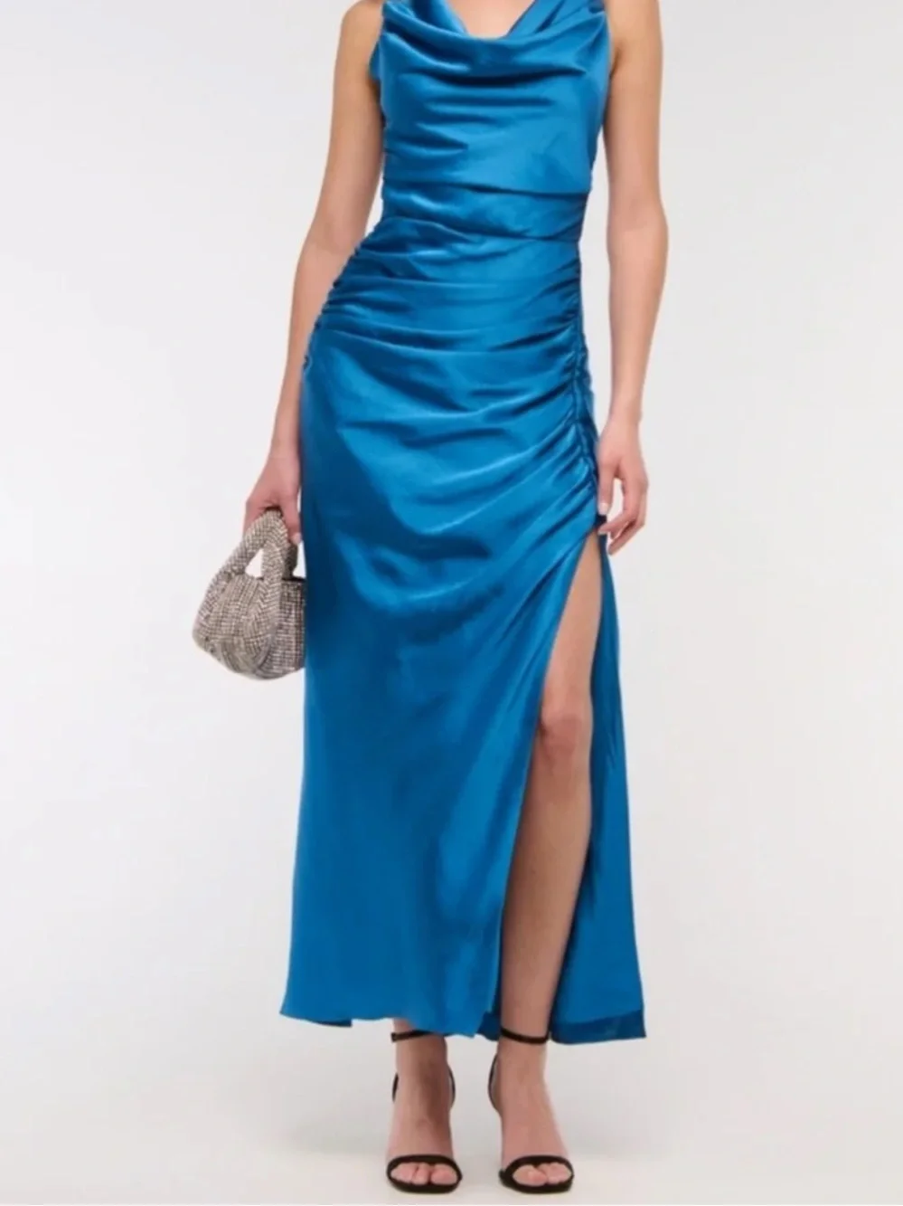Abercrombie & Fitch Cowl Neck Maxi Dress Blue Satin Evening Party Minimalist